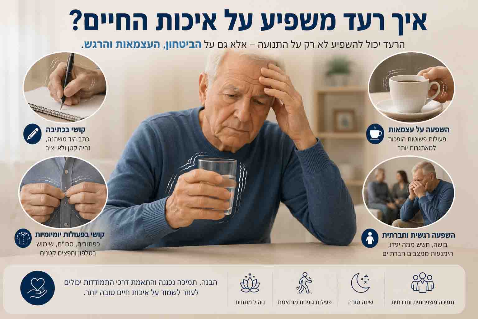 אדם המתמודד עם רעד בפרקינסון והשפעתו על פעולות יומיומיות ועל ההיבט הרגשי והחברתי