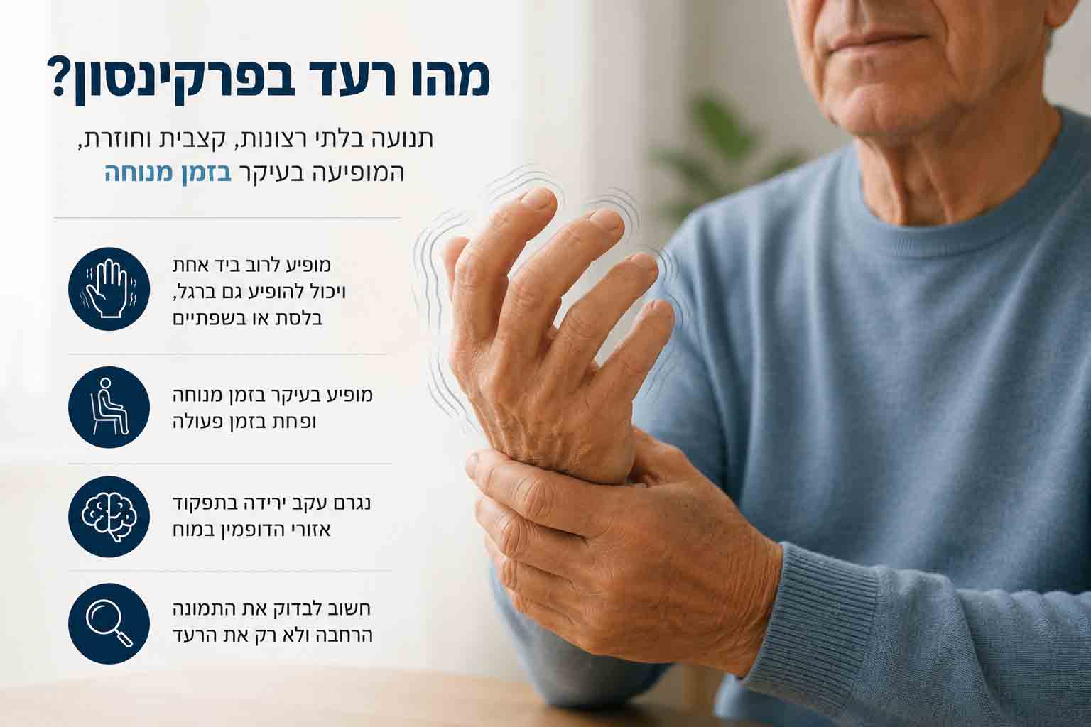 מחשה של רעד בפרקינסון המופיע ביד בזמן מנוחה ולעיתים מתחיל בצד אחד של הגוף
