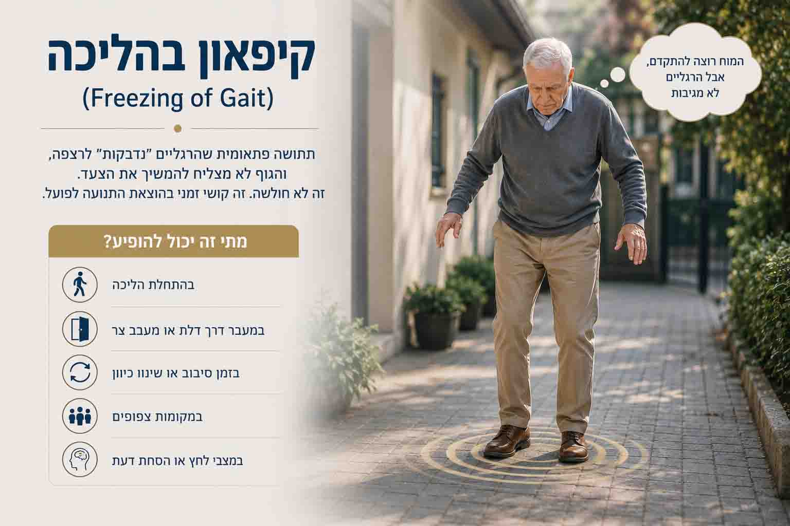 המחשה של קיפאון בהליכה בפרקינסון שבו האדם מתקשה להתחיל תנועה למרות הרצון ללכת