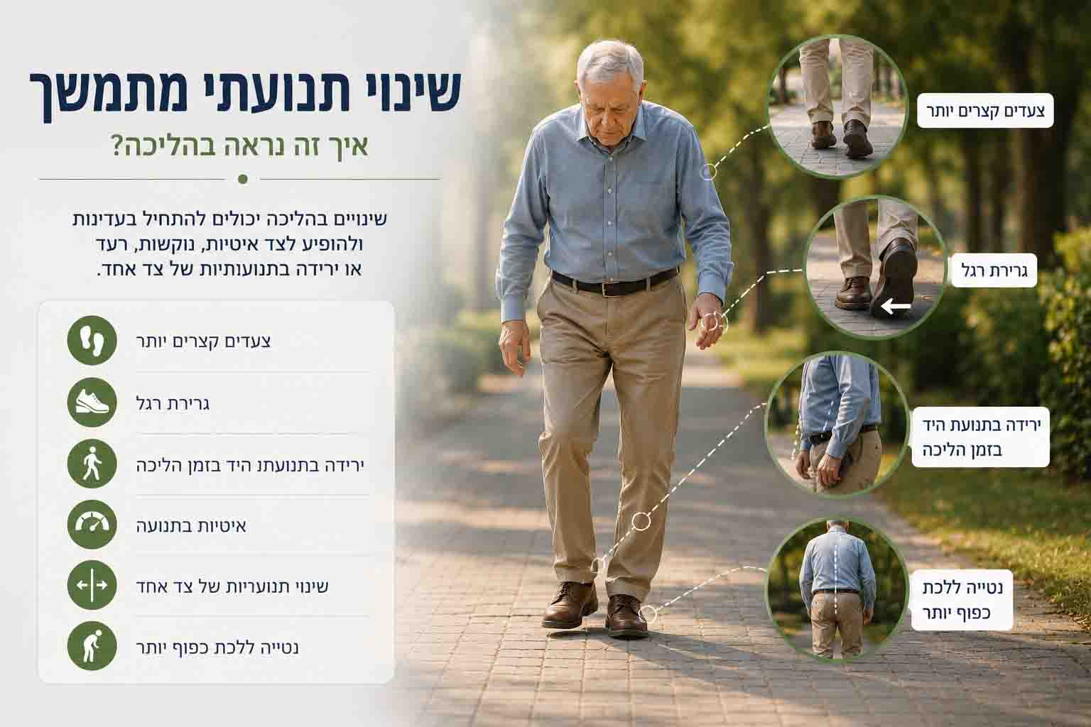 המחשה של שינויים בהליכה בפרקינסון כולל צעדים קצרים, גרירת רגל, ירידה בתנועת היד ושינוי ביציבה